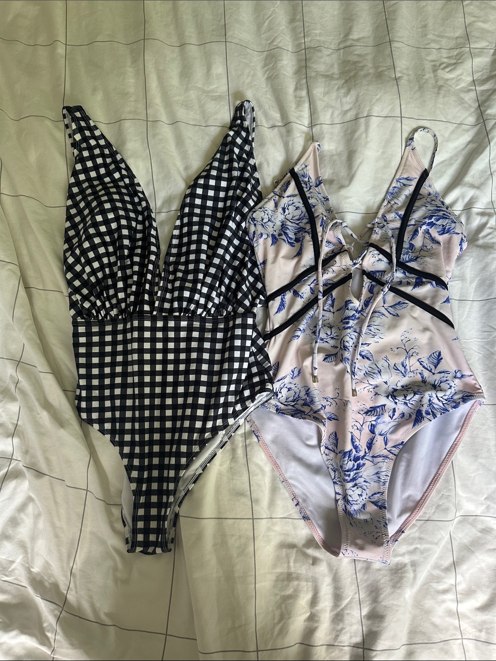 Cupshe Black & White Gingham and Pale Pink Floral One-Piece Swimsuits